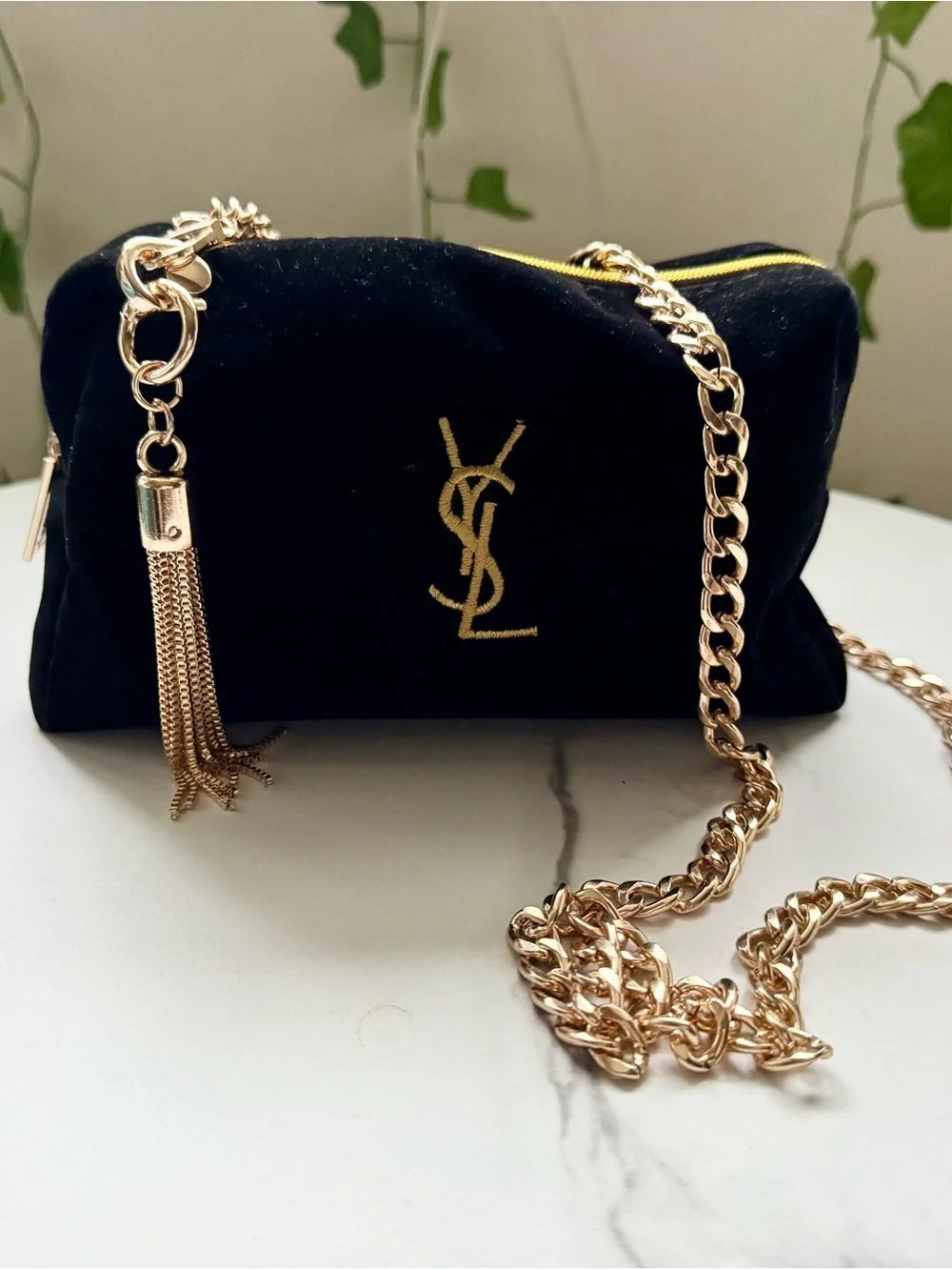 Saint Laurent beauty Black Velvet makeup pouch with Gold Chain